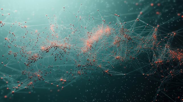 Abstract digital network visualization composed of interconnected red nodes and fine lines on a teal background, evoking complexity and connectivity in a futuristic atmosphere