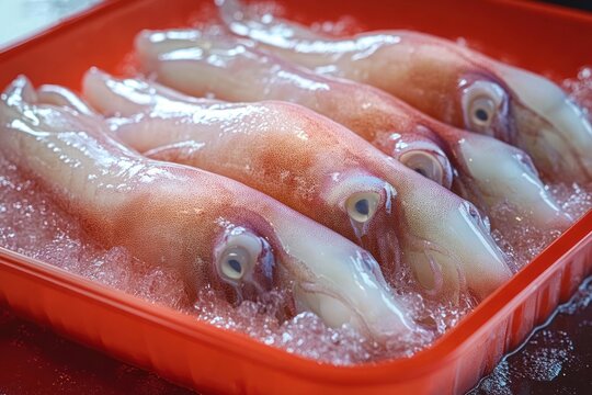 Fresh whole squid with smooth skin and visible eyes lying on crushed ice inside a red plastic tray - Powered by Adobe