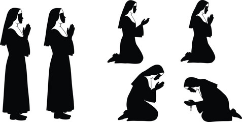 Silhouette of praying nun, Catholic devotion, religious woman in prayer, kneeling faith figure, Christian spirituality, holy sister illustration, worship concept