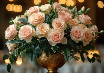 Obraz premium Elegant bouquet of pale peach roses and lush green foliage arranged in an ornate golden vase with warm bokeh lighting in the background conveying a sophisticated and romantic atmosphere