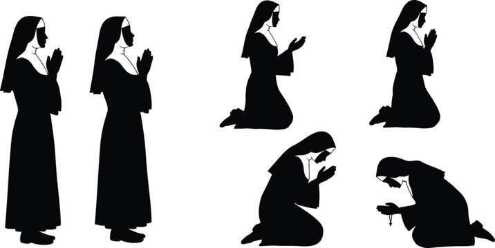 Silhouette of praying nun, Catholic devotion, religious woman in prayer, kneeling faith figure, Christian spirituality, holy sister illustration, worship concept