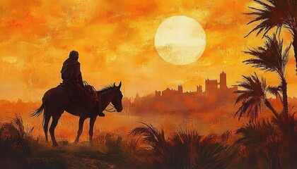 Fototapeta premium Silhouette of a lone rider on horseback overlooking a distant castle at sunset with vibrant orange sky and palm trees in foreground