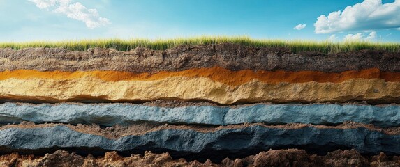 Cross-sectional view of soil layers beneath green grass under a blue sky with clouds showing distinct colorful earth strata