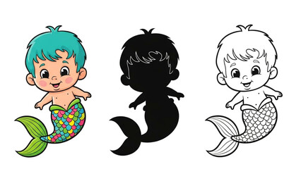 cute vector illustration mermaid with silhoutte and outline art on transparant background