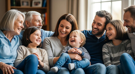 Obraz premium A multigenerational family smiles and laughs together while sitting on a couch indoors.