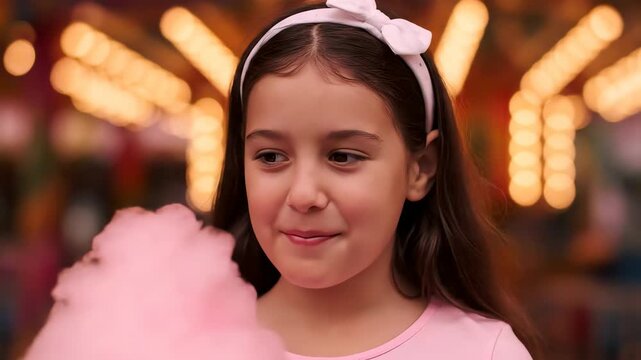 Little Girl Happily Eating Pink Cotton Candy at a Fair
