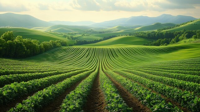 Vast green agricultural field with rows of crops leading to rolling hills under a cloudy sky, evoking a sense of calm and natural beauty