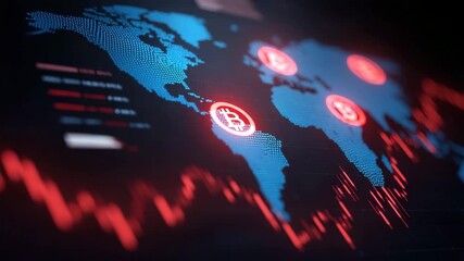 Digital world map with glowing cryptocurrency icons and red financial graph lines, blue highlights illustrating global market trends, blockchain investment activity, and fluctuating financial graphs - Powered by Adobe