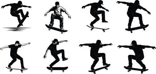 Skateboarders performing tricks, freestyle skateboarding stunts, extreme sport action, urban youth culture lifestyle, street skating vector illustration, dynamic movement design sequence