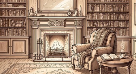 Fototapeta premium Cozy armchair by fireplace in a library with bookshelves.