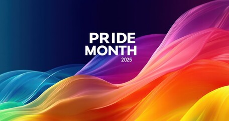 Vibrant flowing waves of rainbow colors symbolizing diversity and celebration with bold white text announcing pride month 2025 on a dark background