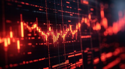Red and orange glowing financial chart with fluctuating candlestick patterns and graphs against a dark background
