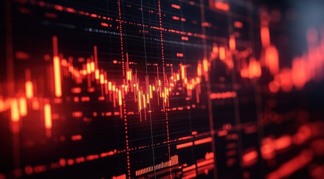 Red and orange glowing financial chart with fluctuating candlestick patterns and graphs against a dark background