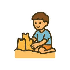 Smiling boy playing with sand and building castle on beach, flat cartoon vector illustration of summer holiday fun