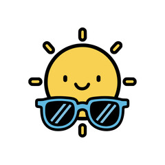 Cute smiling sun character wearing blue sunglasses, flat cartoon vector illustration representing summer, vacation, holiday, and sunny weather