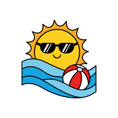 Smiling sun with sunglasses above blue ocean waves and red beach ball, playful summer holiday cartoon illustration for vacation and travel