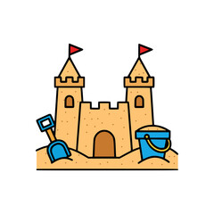 Cartoon sandcastle with two towers, red flags, blue bucket and shovel, fun summer beach illustration for holiday, kids, and vacation