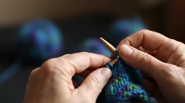 Close-up of Hands Knitting with Colorful Yarn on Wooden Needles, Crafting Hobby Concept