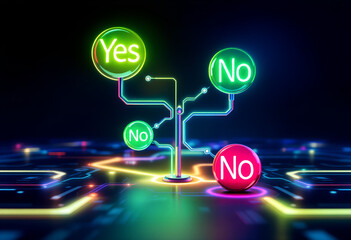 Neon-lit decision tree with glowing Yes and No buttons on a futuristic circuit board background with a dark mood.
