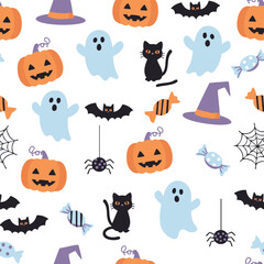 Cute Spooky Halloween Pattern with Ghosts Pumpkins Bats and Candy