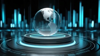 Futuristic digital glass globe with glowing blue light rings and vertical data visualization bars, hologram earth innovation showcasing global technology network communication modern abstract science - Powered by Adobe