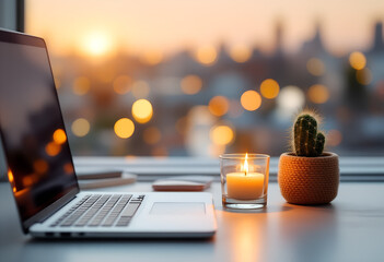 Cozy workspace with laptop, lit candle, and small cactus on a desk overlooking a cityscape during sunset with warm tones.