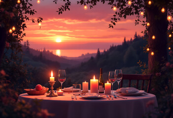 Romantic dinner setup with candles and wine glasses at sunset in a serene outdoor landscape with string lights