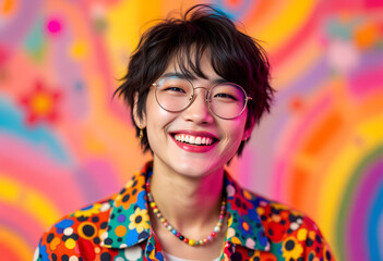 Portrait of a young Asian man with short dark hair and glasses smiling in front of a colorful psychedelic background.