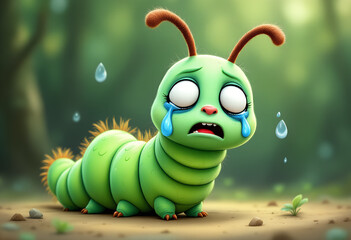 A sad, cartoon caterpillar with tears and rain droplets in a forest, rendered in a digital, cinematic style with a green and melancholic mood.