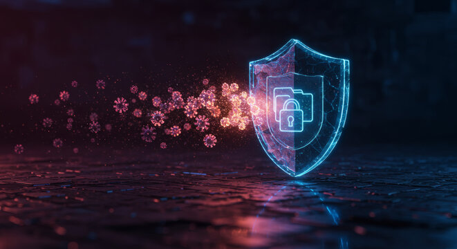 Cyber Security Shield Protecting Digital Data from Virus Threats