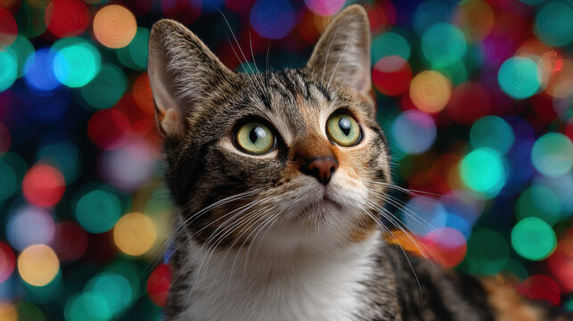 curious cat gazes at twinkling string lights adorning window creating magical atmosphere