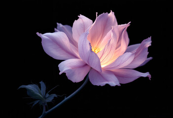 Close-up shot of a delicate pink flower with a glowing center against a dark background.