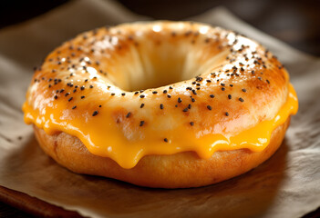 Close-up of a toasted bagel topped with melted cheese and poppy seeds on brown parchment paper.