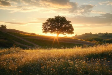 Solitary tree on rolling hills at golden sunset illuminating wildflowers and grass in a peaceful natural landscape