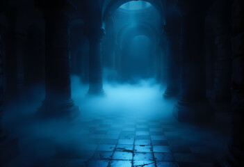 Mysterious blue-lit corridor with fog and stone floor leading to a distant archway in a dark, eerie atmosphere.