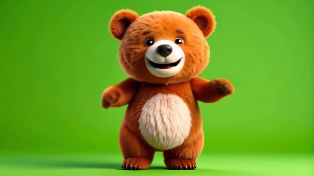Animated cartoon teddy bear walking on a green background