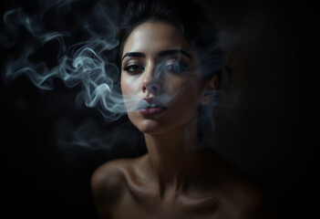 Close-up portrait of a woman exhaling smoke with dramatic lighting and a dark background conveying a moody atmosphere.