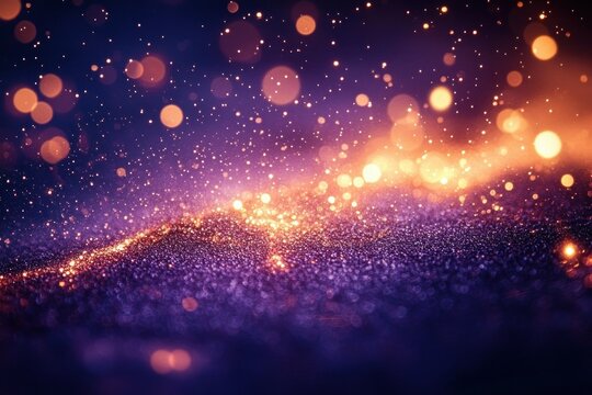 Close-up of sparkling golden and purple glitter particles with glowing light effects creating a magical and festive atmosphere - Powered by Adobe