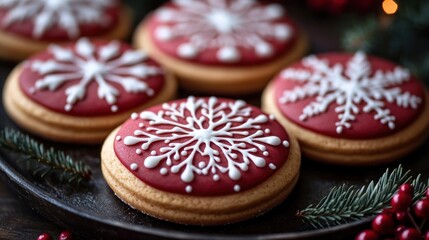 Round Christmas cookies with red icing and white intricate snowflake designs on dark plate surrounded by pine tree branches and red berries