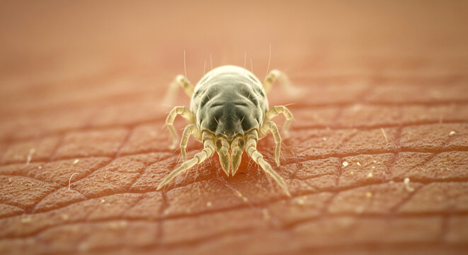 A detailed 3D rendering of a microscopic itch mite, or Sarcoptes scabiei, burrowing into the surface of human skin causing an allergic reaction
