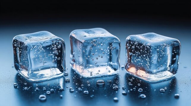 Three clear ice cubes with air bubbles resting on a reflective, wet surface against a blue gradient background, evoking freshness and coldness