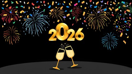 Celebratory 2026 graphic design featuring champagne glasses, fireworks, and confetti.