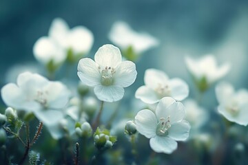 Cluster of delicate small white flowers blooming with green buds in a soft focused natural setting