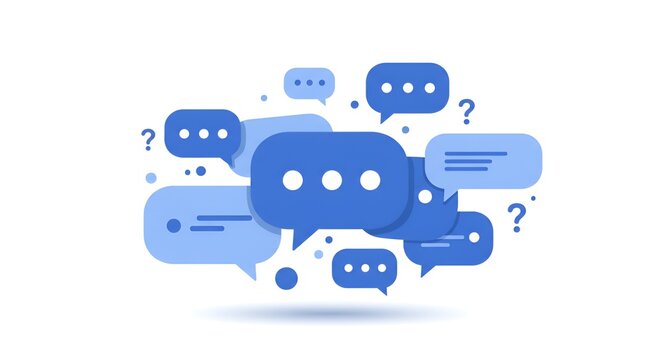 Illustration shows multiple blue speech bubbles and question marks against a white background.