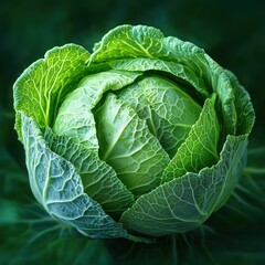 Fototapeta premium Close-up of a fresh green cabbage with tightly layered, textured leaves showing natural veins and vibrant color