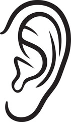 A minimalist line art depiction of a human ear. This simple graphic is ideal for conveying themes related to hearing sound and auditory senses.
