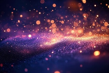Fototapeta premium abstract glowing particles in purple and orange hues creating a sparkling wave effect with a bokeh background