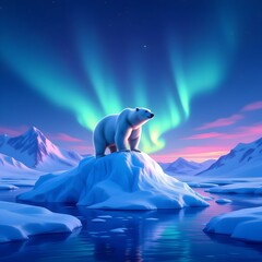 Digital Fantasy Landscape with Polar Bear under Northern Lights