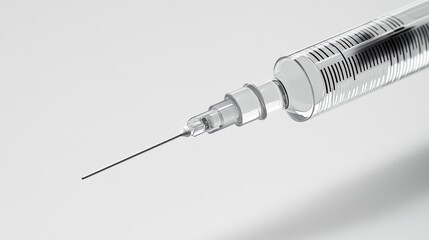 Close-up of a transparent medical syringe with a sharp needle on a clean white background, evoking precision and sterility in a clinical setting