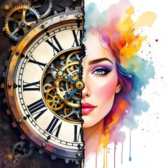 Surreal Artistic Portrait of Woman with Clock and Abstract Colors